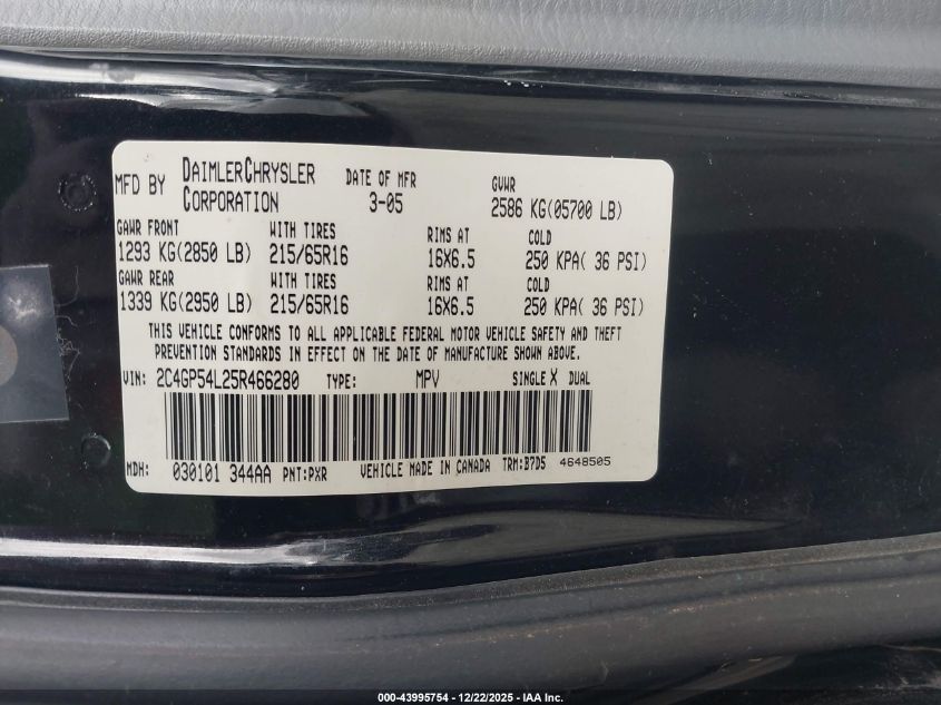 2005 Chrysler Town & Country Touring VIN: 2C4GP54L25R466280 Lot: 43995754