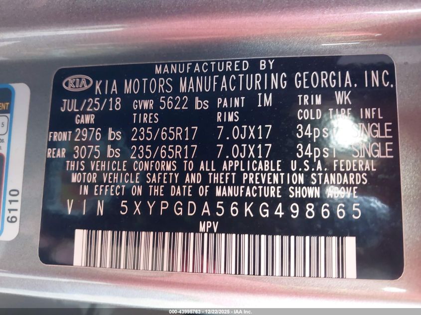 2019 Kia Sorento 3.3L Lx VIN: 5XYPGDA56KG498665 Lot: 43995763