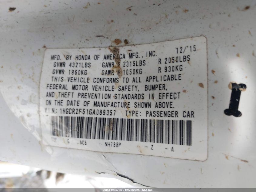 2016 Honda Accord Sport VIN: 1HGCR2F51GA089357 Lot: 43995766