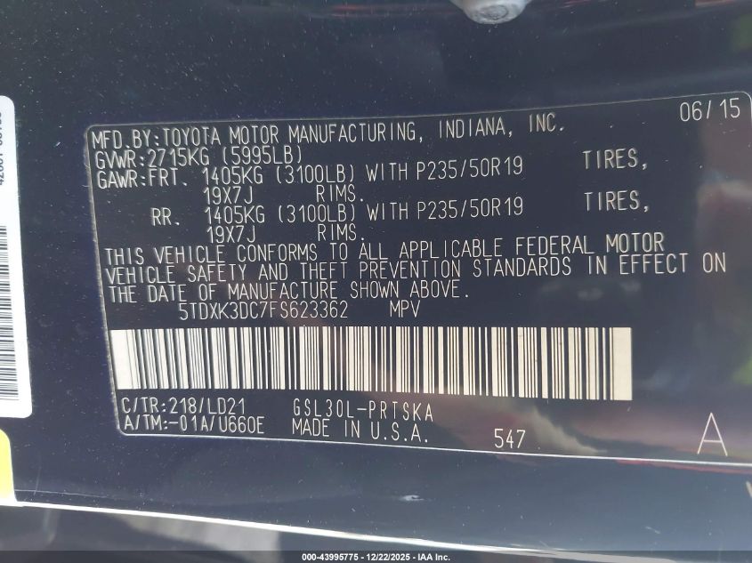 2015 Toyota Sienna Se Premium 8 Passenger VIN: 5TDXK3DC7FS623362 Lot: 43995775