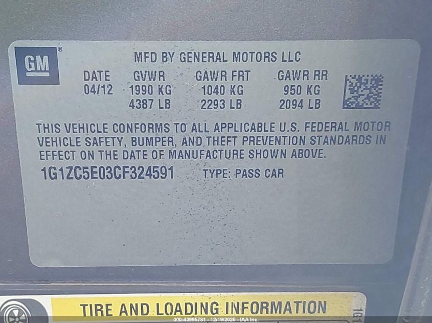 2012 Chevrolet Malibu 1Lt VIN: 1G1ZC5E03CF324591 Lot: 43995781