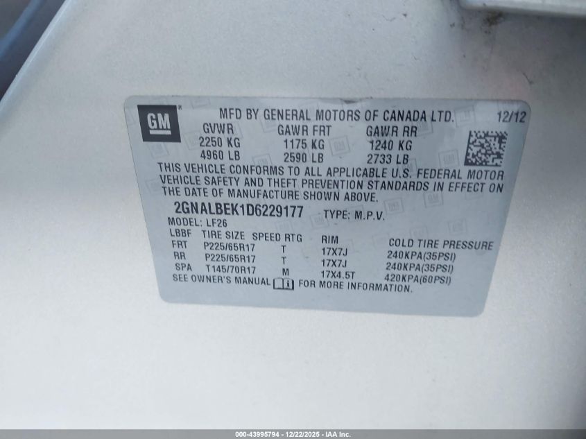 2013 Chevrolet Equinox Ls VIN: 2GNALBEK1D6229177 Lot: 43995794