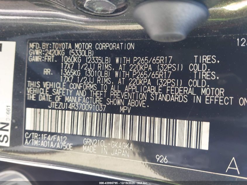 2007 Toyota 4Runner Sr5 V6 VIN: JTEZU14R370091037 Lot: 43995795