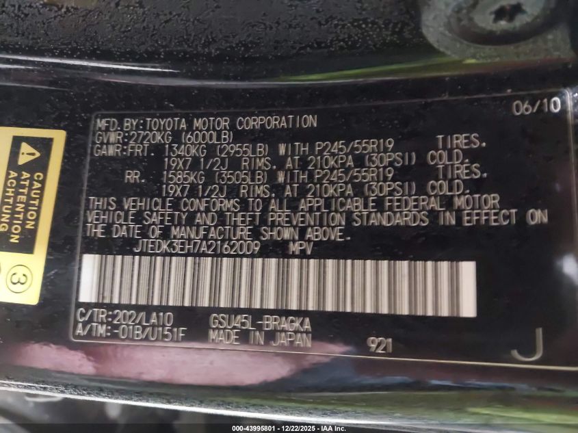 2010 Toyota Highlander Limited V6 VIN: JTEDK3EH7A2162009 Lot: 43995801