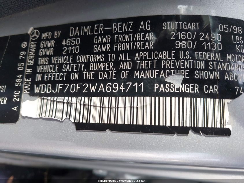 1998 Mercedes-Benz E 430 VIN: WDBJF70F2WA694711 Lot: 43995802