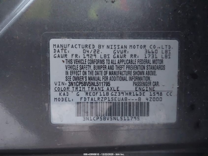 2022 Nissan Kicks S Xtronic Cvt VIN: 3N1CP5BV5NL511795 Lot: 43995810