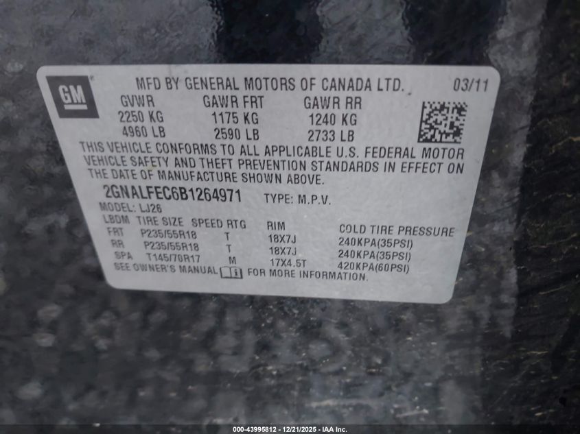 2011 Chevrolet Equinox Ltz VIN: 2GNALFEC6B1264971 Lot: 43995812
