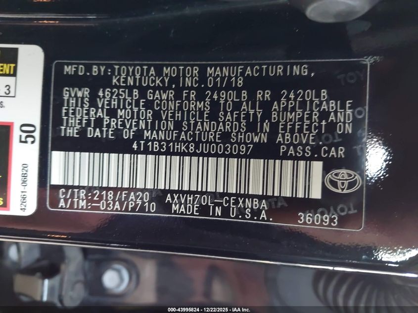 2018 Toyota Camry Hybrid Le VIN: 4T1B31HK8JU003097 Lot: 43995824