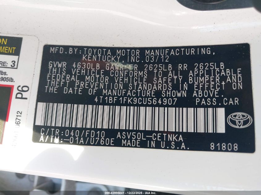 2012 Toyota Camry Le VIN: 4T1BF1FK9CU564907 Lot: 43995841