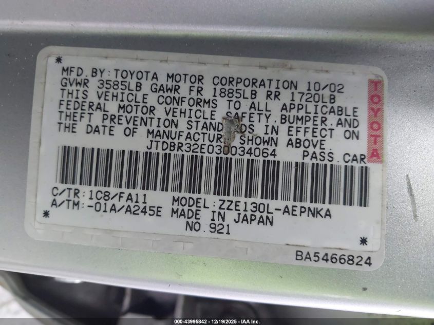 2003 Toyota Corolla Le VIN: JTDBR32E030034064 Lot: 43995842