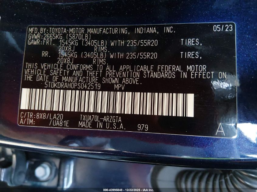 2023 Toyota Highlander Platinum VIN: 5TDKDRAH0PS042519 Lot: 43995848