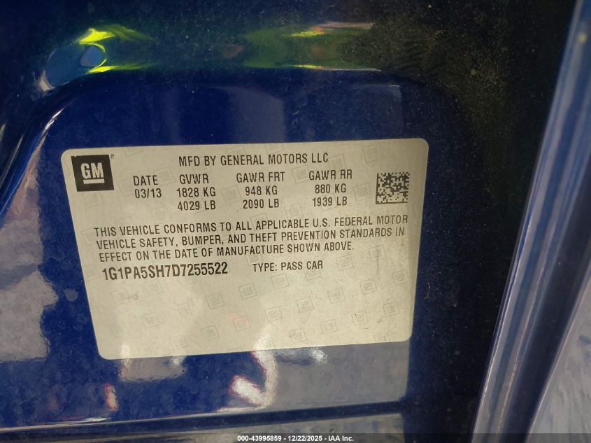 2013 Chevrolet Cruze Ls Auto VIN: 1G1PA5SH7D7255522 Lot: 43995859