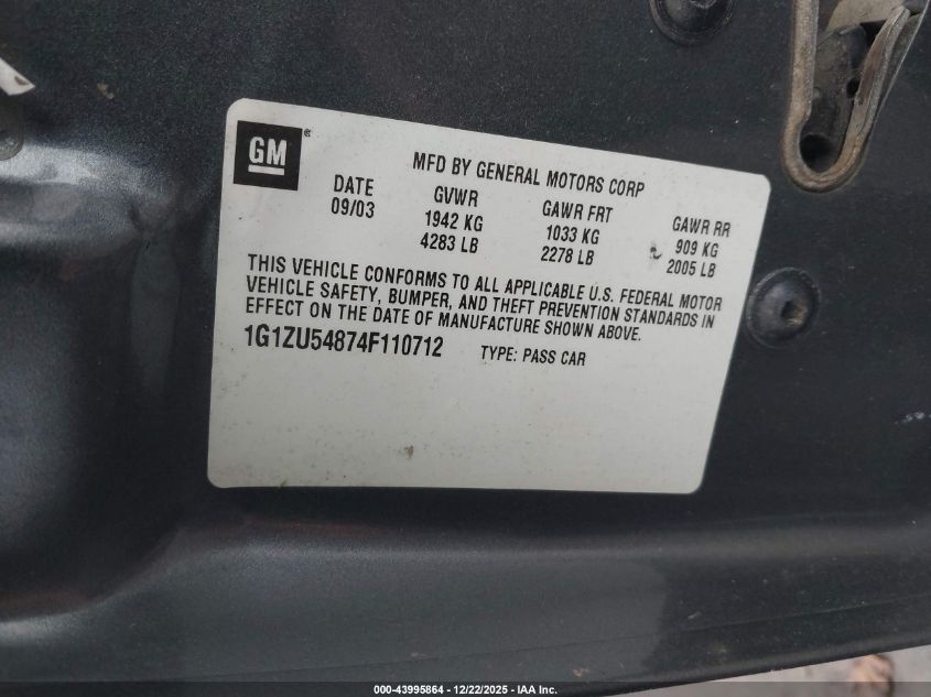 2004 Chevrolet Malibu Lt VIN: 1G1ZU54874F110712 Lot: 43995864