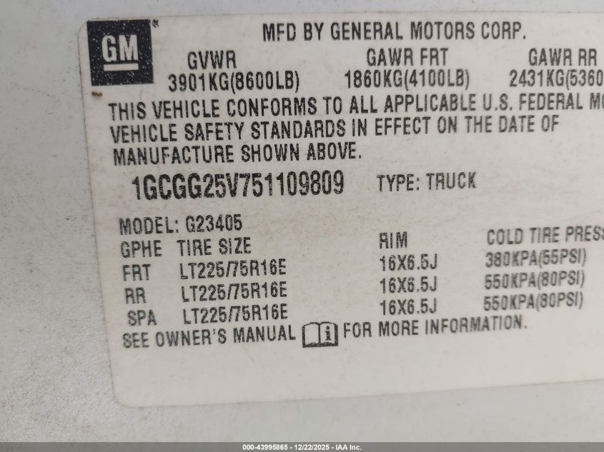 2005 Chevrolet Express VIN: 1GCGG25V751109809 Lot: 43995865