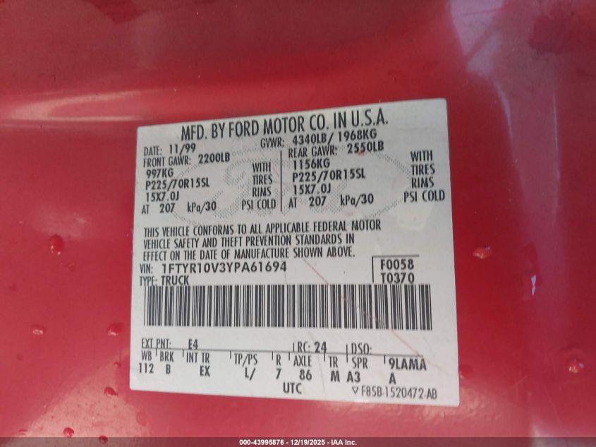 2000 Ford Ranger Xl/Xlt VIN: 1FTYR10V3YPA61694 Lot: 43995876