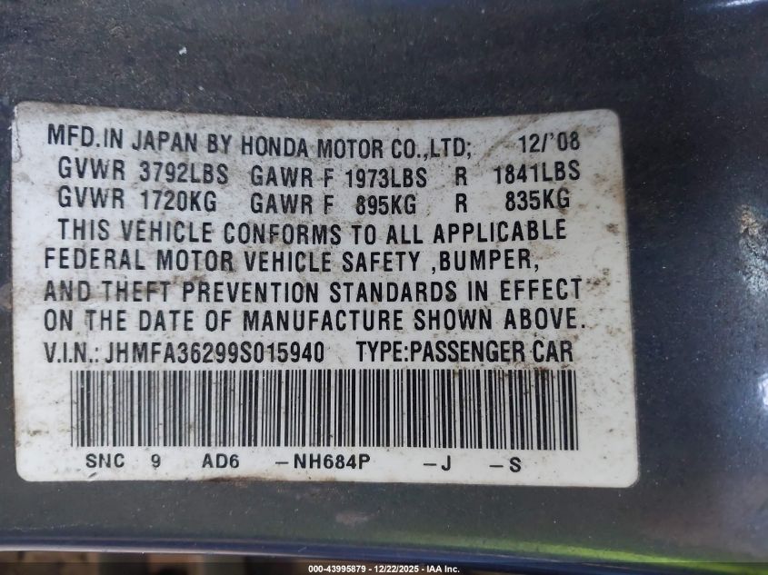2009 Honda Civic Hybrid VIN: JHMFA36299S015940 Lot: 43995879