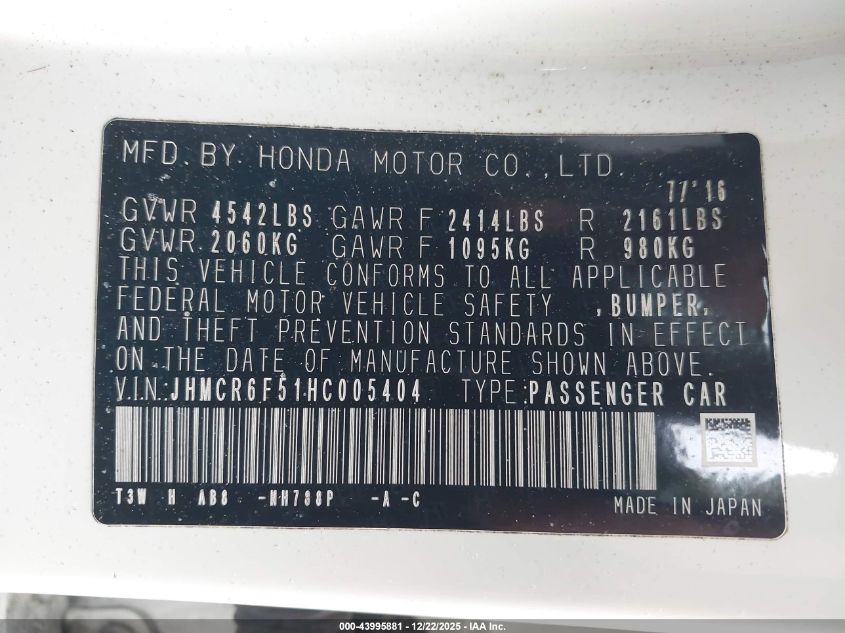 2017 Honda Accord Hybrid Ex-L VIN: JHMCR6F51HC005404 Lot: 43995881