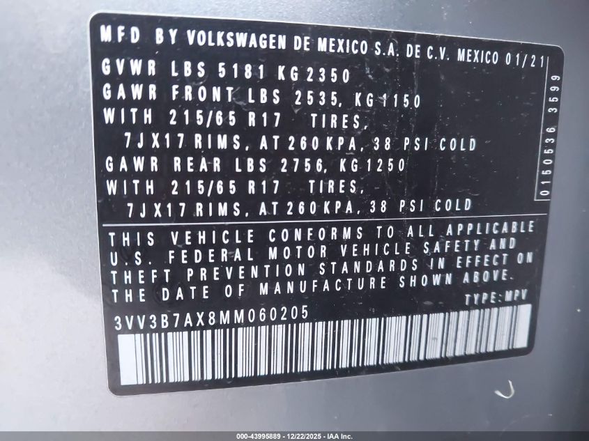 2021 Volkswagen Tiguan 2.0T Se/2.0T Se R-Line Black/2.0T Sel VIN: 3VV3B7AX8MM060205 Lot: 43995889