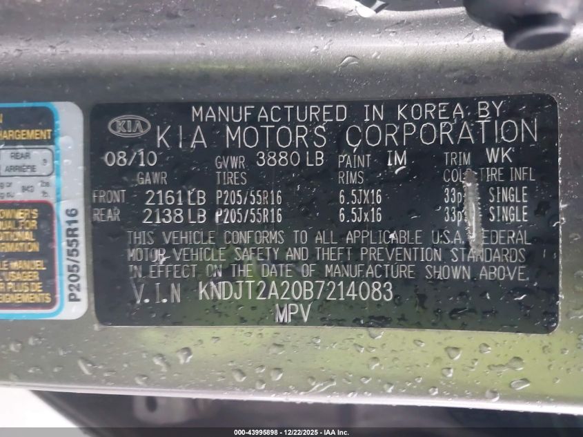 2011 Kia Soul + VIN: KNDJT2A20B7214083 Lot: 43995898