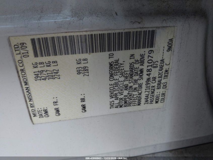 2009 Nissan Altima 2.5 S VIN: 1N4AL21E99N481079 Lot: 43995903