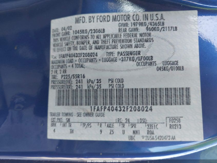 1FAFP40432F208024 2002 FORD MUSTANG photo no. 9