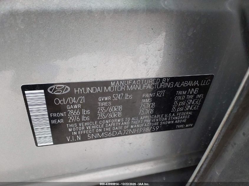 2022 Hyundai Santa Fe Xrt VIN: 5NMS6DAJ2NH398759 Lot: 43995914