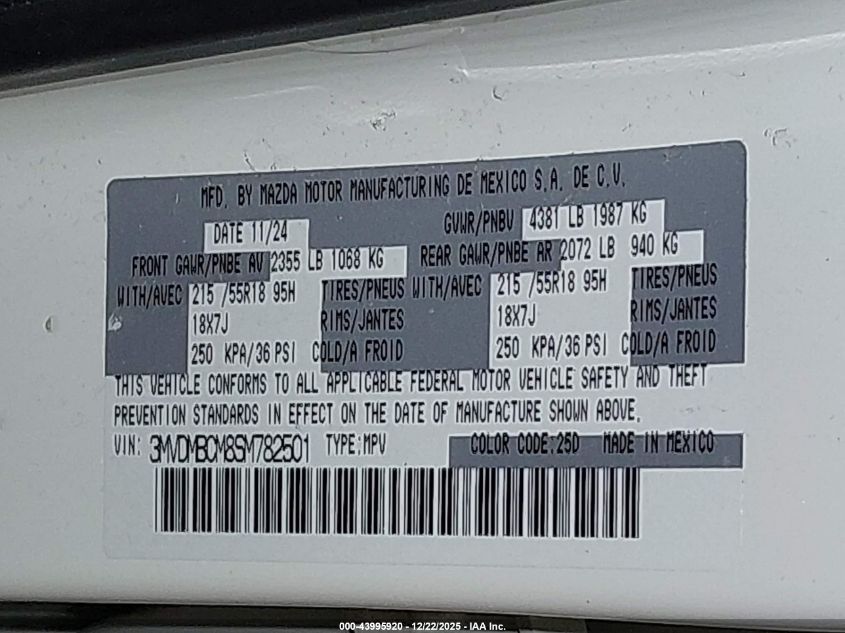 2025 Mazda Cx-30 2.5 S Preferred Package VIN: 3MVDMBCM8SM782501 Lot: 43995920