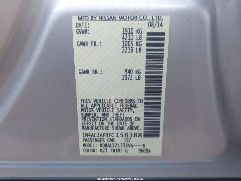 2015 Nissan Altima 2.5 Sv VIN: 1N4AL3AP9FC158388 Lot: 43995927