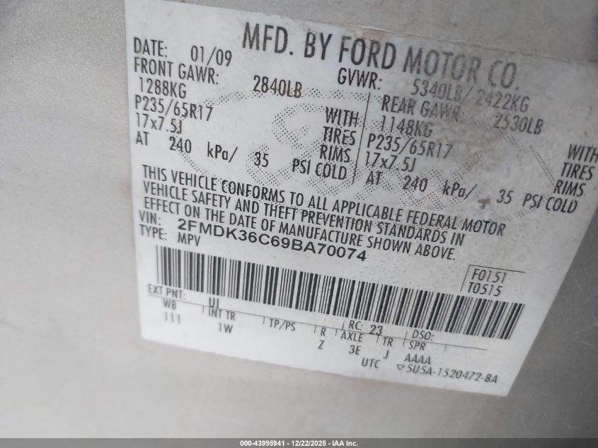 2009 Ford Edge Se VIN: 2FMDK36C69BA70074 Lot: 43995941