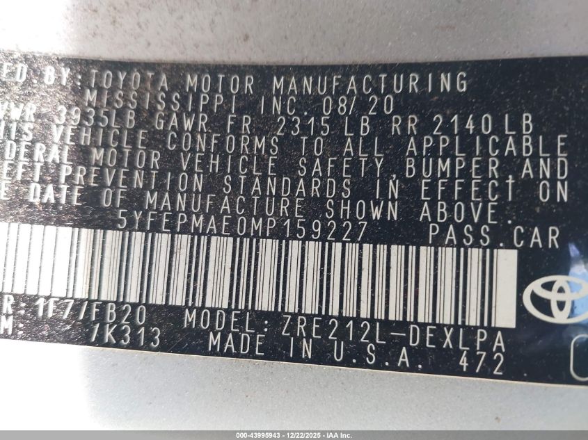 2021 Toyota Corolla Le VIN: 5YFEPMAE0MP159227 Lot: 43995943