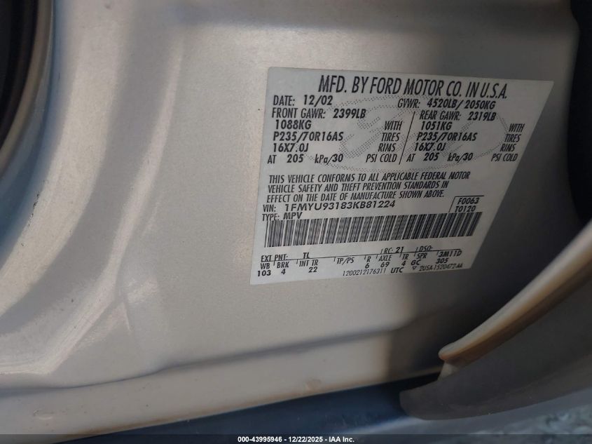 2003 Ford Escape Xlt VIN: 1FMYU93183KB81224 Lot: 43995946