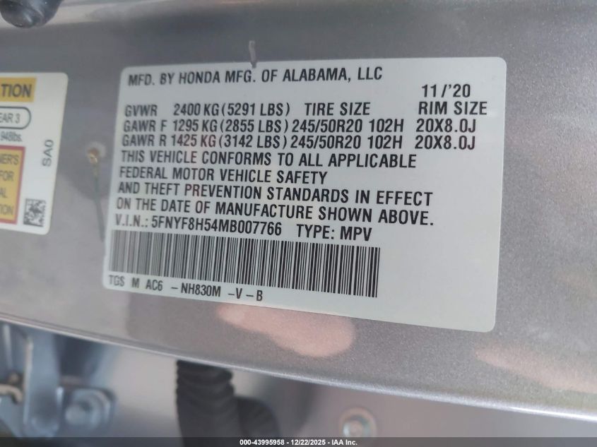 2021 Honda Passport Awd Ex-L VIN: 5FNYF8H54MB007766 Lot: 43995958
