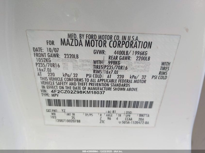 2008 Mazda Tribute I Sport VIN: 4F2CZ02Z98KM18037 Lot: 43995964