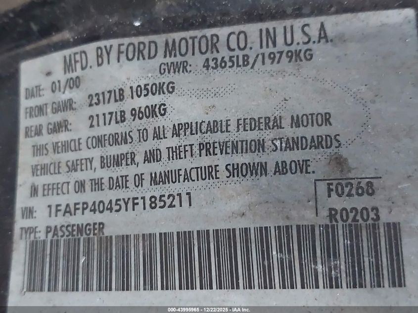 2000 Ford Mustang VIN: 1FAFP4045YF185211 Lot: 43995965