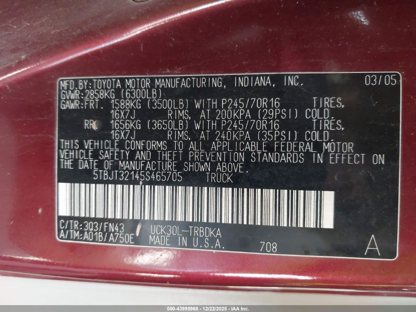 2005 Toyota Tundra Base V8 VIN: 5TBJT32145S465705 Lot: 43995968