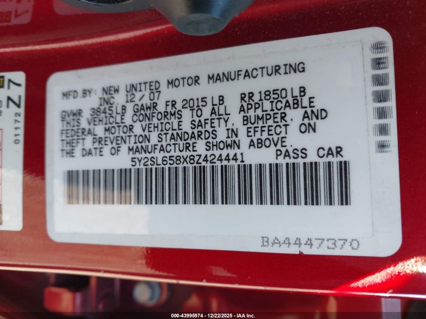 2008 Pontiac Vibe VIN: 5Y2SL658X8Z424441 Lot: 43995974