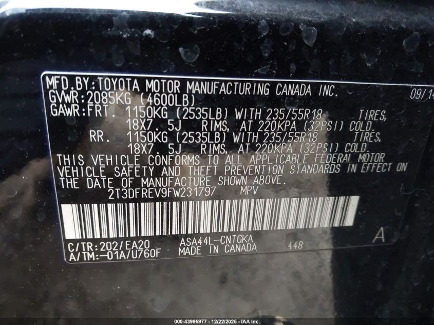 2015 Toyota Rav4 Limited VIN: 2T3DFREV9FW231797 Lot: 43995977