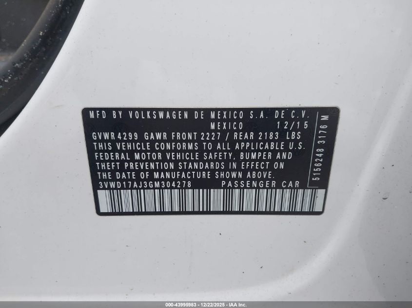 2016 Volkswagen Jetta 1.8T Sport VIN: 3VWD17AJ3GM304278 Lot: 43995983