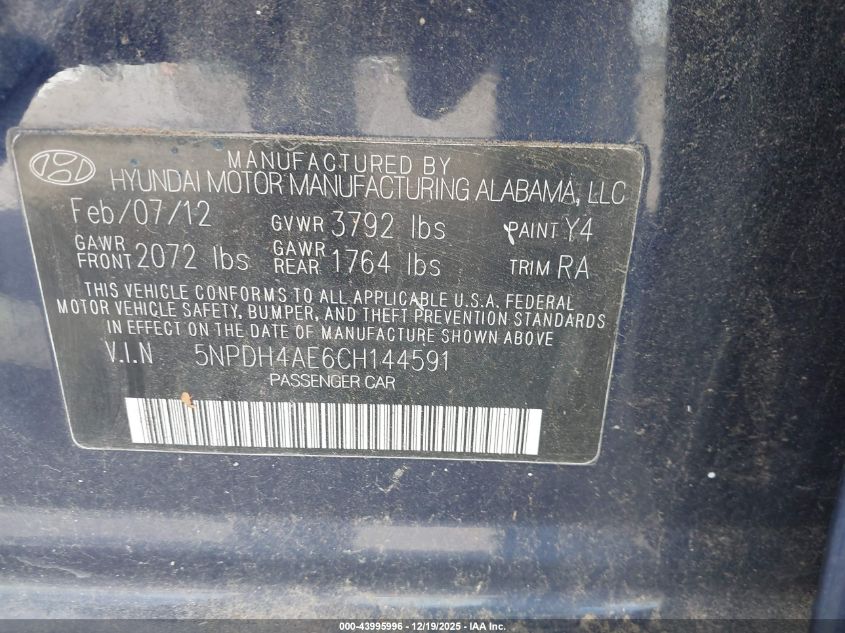 2012 Hyundai Elantra Limited VIN: 5NPDH4AE6CH144591 Lot: 43995996