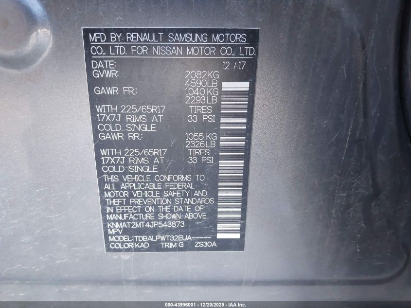 2018 Nissan Rogue S VIN: KNMAT2MT4JP543873 Lot: 43996001