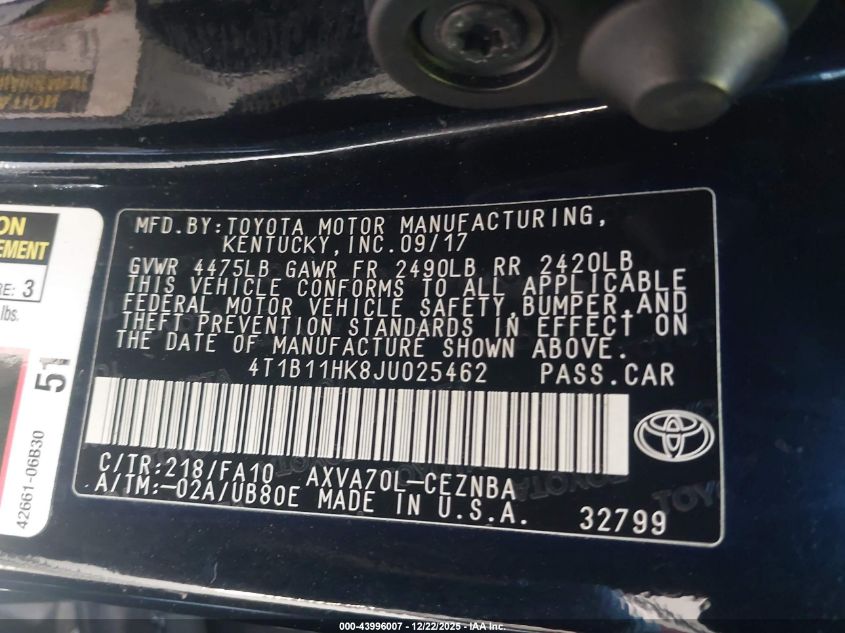 2018 Toyota Camry Le VIN: 4T1B11HK8JU025462 Lot: 43996007