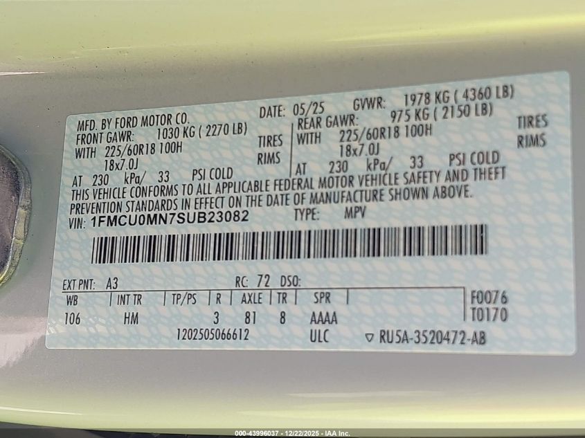 2025 Ford Escape St-Line VIN: 1FMCU0MN7SUB23082 Lot: 43996037