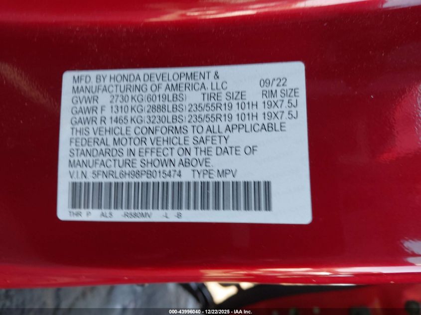 2023 Honda Odyssey Elite VIN: 5FNRL6H98PB015474 Lot: 43996040