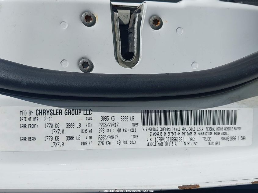 2011 Ram Ram 1500 Slt VIN: 1D7RV1CT1BS613911 Lot: 43996050