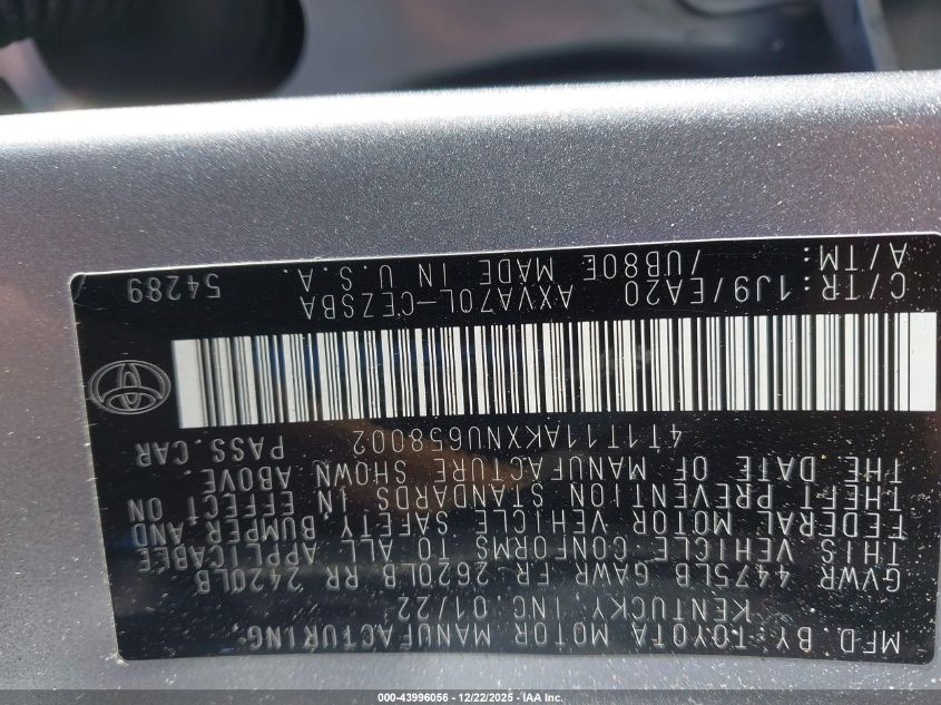 2022 Toyota Camry Se VIN: 4T1T11AKXNU658002 Lot: 43996056