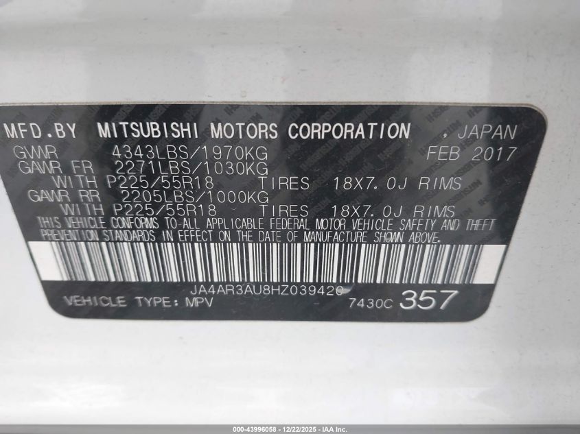 2017 Mitsubishi Outlander Sport 2.0 Es/2.0 Le VIN: JA4AR3AU8HZ039420 Lot: 43996058