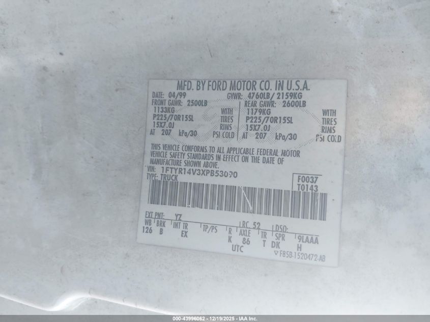 1999 Ford Ranger Xl/Xlt VIN: 1FTYR14V3XPB53090 Lot: 43996062