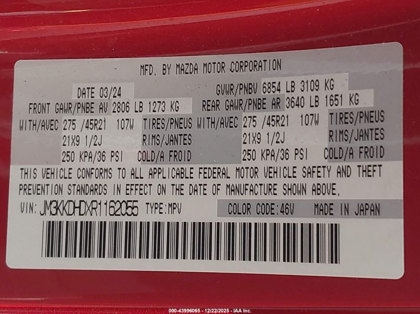 2024 Mazda Cx-90 3.3 Turbo Premium VIN: JM3KKDHDXR1162055 Lot: 43996065