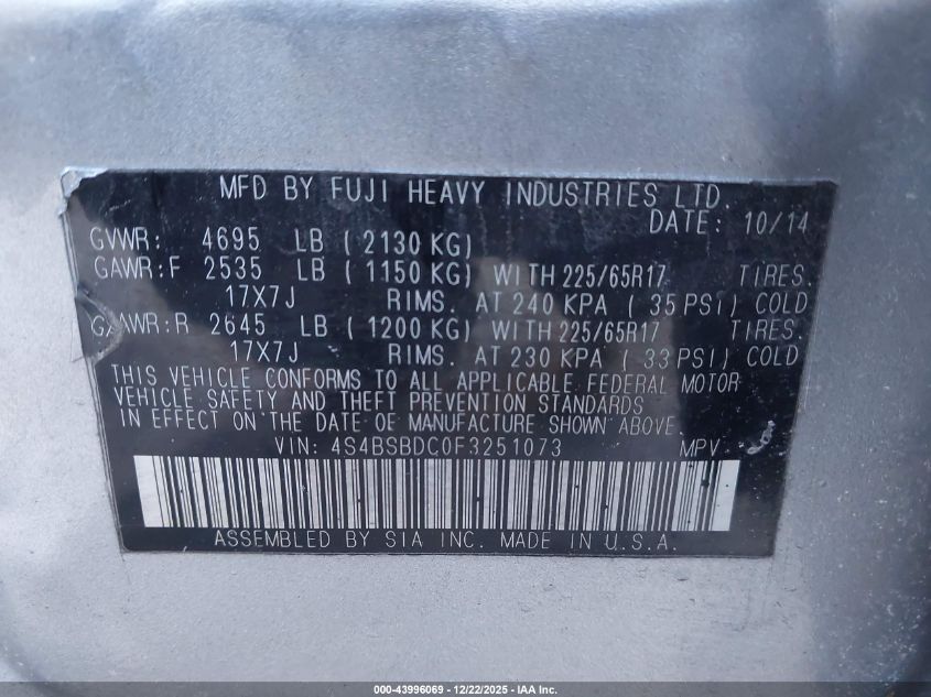 2015 Subaru Outback 2.5I Premium VIN: 4S4BSBDC0F3251073 Lot: 43996069