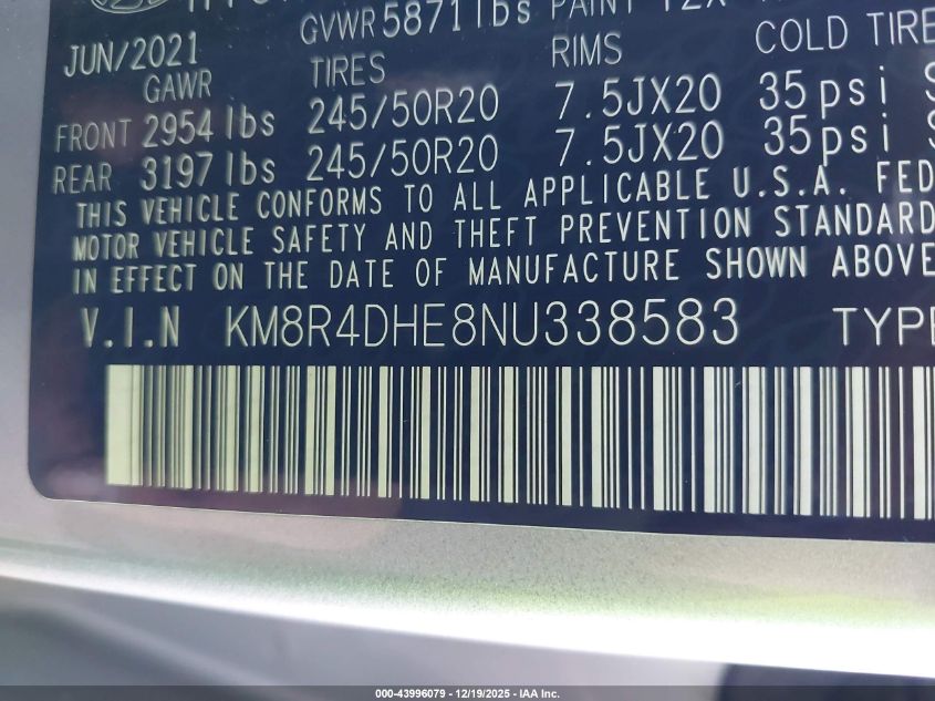 2022 Hyundai Palisade Sel VIN: KM8R4DHE8NU338583 Lot: 43996079